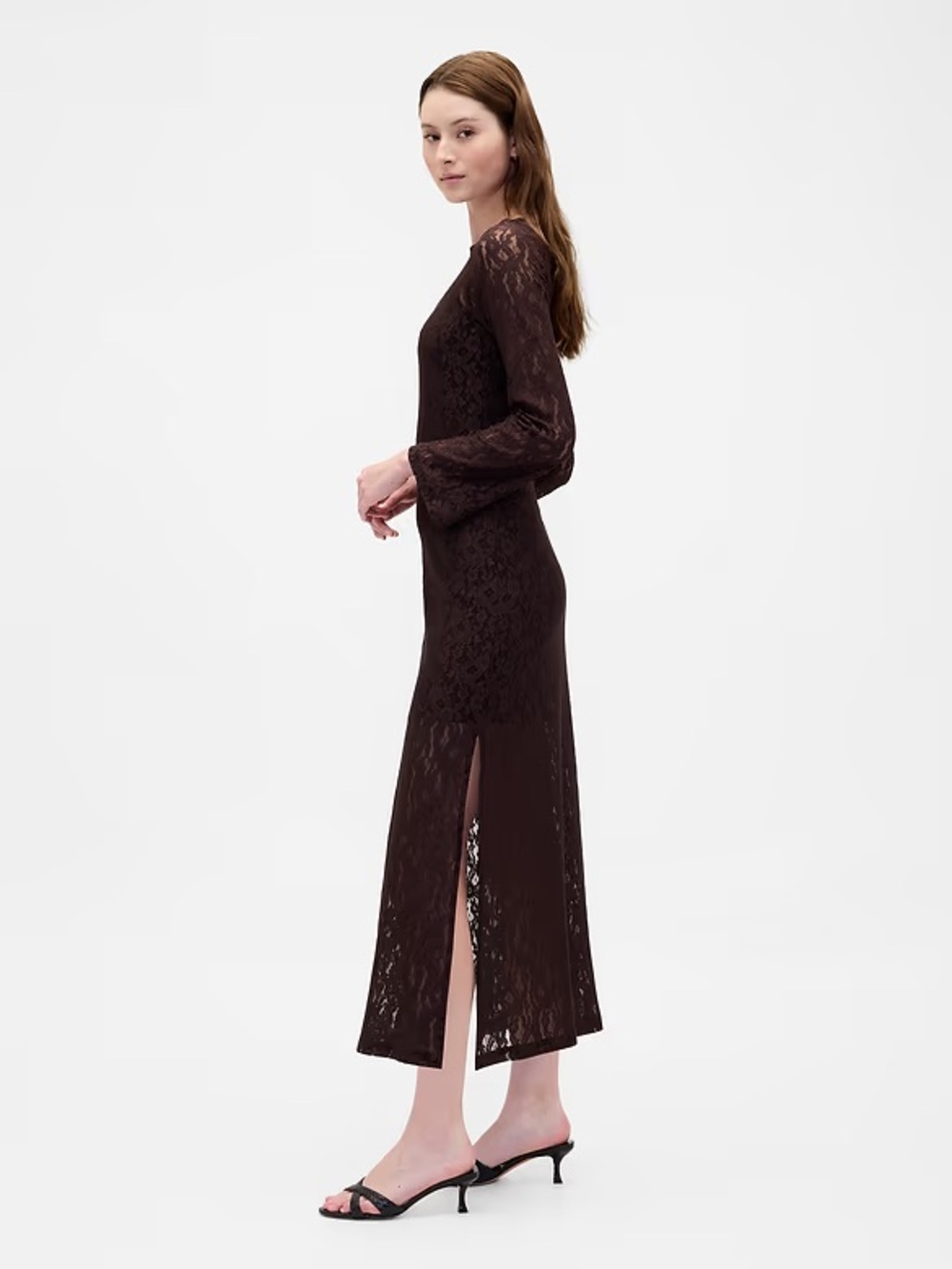 Gap Lace Bell-Sleeve Maxi Dress Espresso Dark Romantic Sheer Sexy Date Night NEW